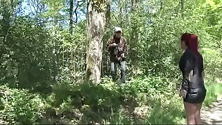 Hot redhead ass fucks age-old man in bushes